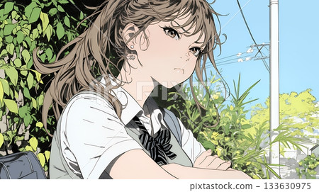 一個穿著校服的高中女生，眼神別過臉去，臉上帶著「哼！」的表情。 133630975