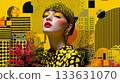 戴著頭巾、手捧鮮花的女子肖像，背景是黃色和抽象圖案。 133631070