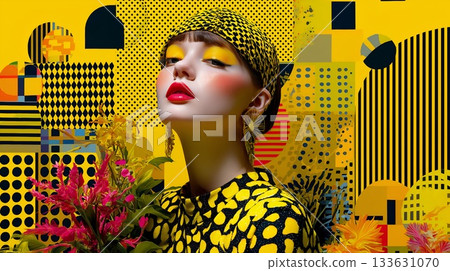 戴著頭巾、手捧鮮花的女子肖像，背景是黃色和抽象圖案。 133631070