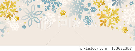 Winter frame background of gold foil style snow crystals and light blue snowflakes 133631398