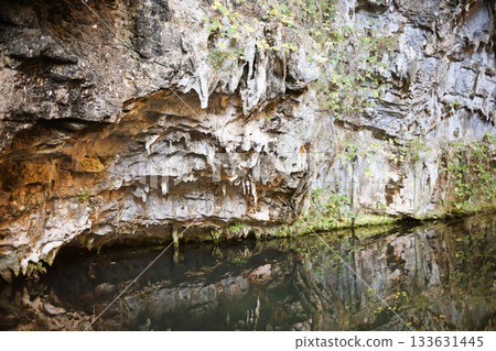 Rocky cliffside reflected in water Rocky cliffside reflected in water 133631445