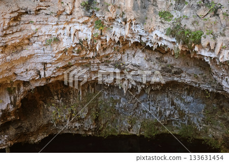 Cave with layered rocks and greenery 133631454