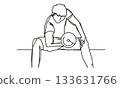 Line drawing illustration of a man doing muscle training with dumbbells Line drawing illustration of a man doing muscle training with dumbbells 133631766
