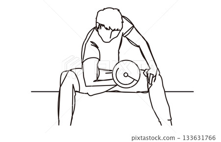 線條畫插圖,描繪一名男子正在用啞鈴進行肌肉訓練。 線條畫插圖,描繪一名男子正在用啞鈴進行肌肉訓練。 133631766