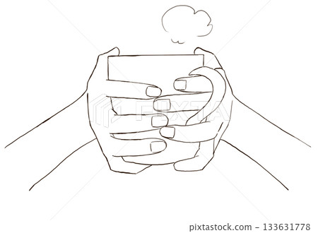 一隻手拿著一杯熱氣騰騰的杯子的線條畫插圖 133631778