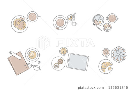 Minimalist cafe and food related aerial view layout | Elegant line icon set in muted colors Minimalist cafe and food related aerial view layout | Elegant line icon set in muted colors 133631846