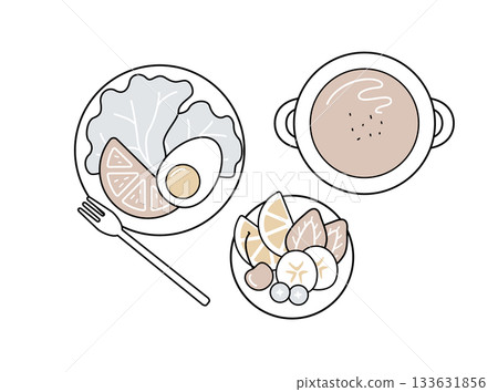 沙拉、湯和水果拼盤餐點圖示：早午餐，健康食品（暗色） 133631856