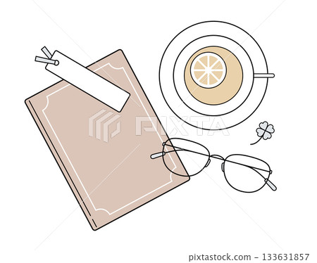 Book and lemon tea line icon: Cafe work/reading (dull color) 133631857