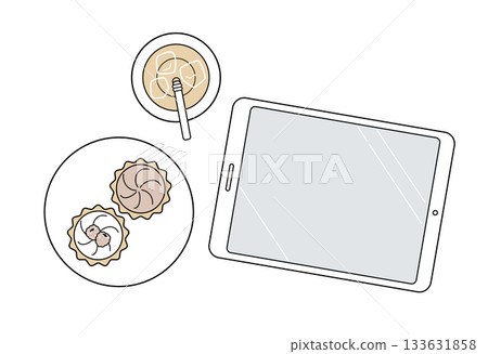 Tablet and tart line icon: Tea time digital (dull color) Tablet and tart line icon: Tea time digital (dull color) 133631858