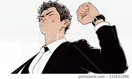 一位商人揮拳慶祝（用力握緊拳頭）（色彩簡潔） 133631996
