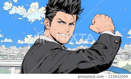 一位商人揮拳慶祝(用力握緊拳頭) 一位商人揮拳慶祝(用力握緊拳頭) 133632004