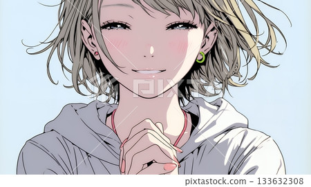 A young woman smiling, clasping her hands and asking for help A young woman smiling, clasping her hands and asking for help 133632308