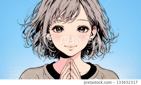 一位年輕女子麵帶微笑，雙手合十，尋求協助。 133632317