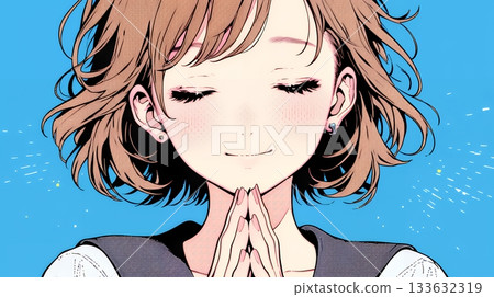 A young woman smiling, clasping her hands and asking for help 133632319