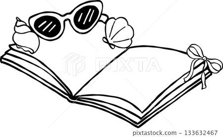 Summer Reading Bookish Outline Open Book with Sunglasses and Seashell Cartoon Hand Drawn Summer Reading Bookish Outline Open Book with Sunglasses and Seashell Cartoon Hand Drawn 133632467