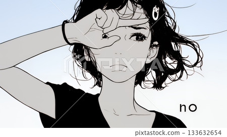 一位年輕女子手扶額頭,擺出「我遇到麻煩了」的姿勢(色彩簡潔) 一位年輕女子手扶額頭,擺出「我遇到麻煩了」的姿勢(色彩簡潔) 133632654