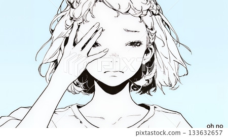 一位年輕女子手扶額頭，擺出「我遇到麻煩了」的姿勢（色彩簡潔） 133632657