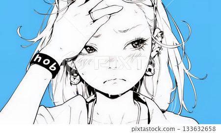 一位年輕女子手扶額頭，擺出「我遇到麻煩了」的姿勢（色彩簡潔） 133632658