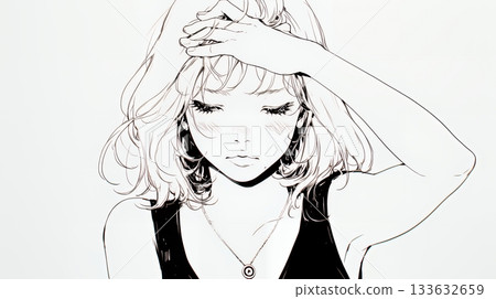 一位年輕女子手扶額頭，擺出「我遇到麻煩了」的姿勢（色彩簡潔） 133632659