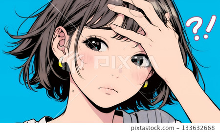 一位年輕女子用手扶著額頭，擺出「我遇到麻煩了」的姿勢。 133632668