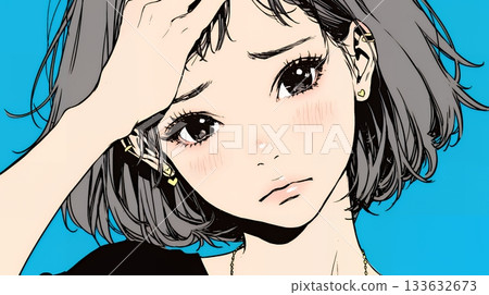 A young woman putting her hand on her forehead and making a "I'm in trouble" pose 133632673