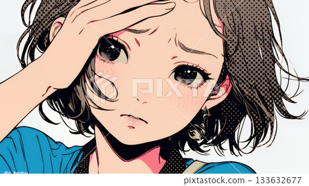 一位年輕女子用手扶著額頭，擺出「我遇到麻煩了」的姿勢。 133632677