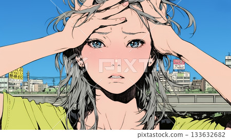 一位年輕女子用手扶著額頭，擺出「我遇到麻煩了」的姿勢。 133632682