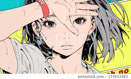 一位年輕女子用手扶著額頭，擺出「我遇到麻煩了」的姿勢。 133632683