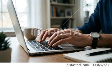 Close-up of a person's hands operating a laptop while working from home 1 AI-generated image 133632837