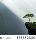 Lonely tree on cliff person silhouette sunbeam misty valley green grass peaceful mood minimal landscape travel 133632880