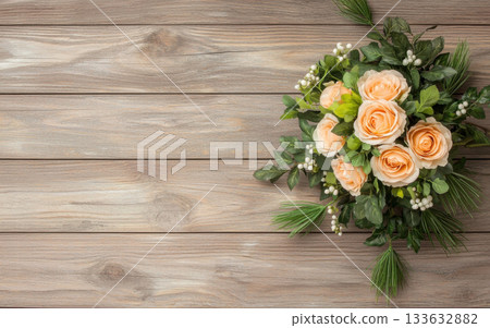 Peach rose bouquet wooden background green foliage white berries horizontal layout natural light Peach rose bouquet wooden background green foliage white berries horizontal layout natural light 133632882