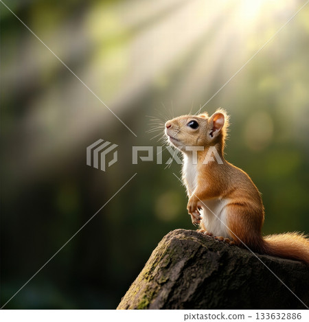 Young red squirrel on mossy log in sunlight, natural look, high resolution, natural light, serene woodland moment Young red squirrel on mossy log in sunlight, natural look, high resolution, natural light, serene woodland moment 133632886