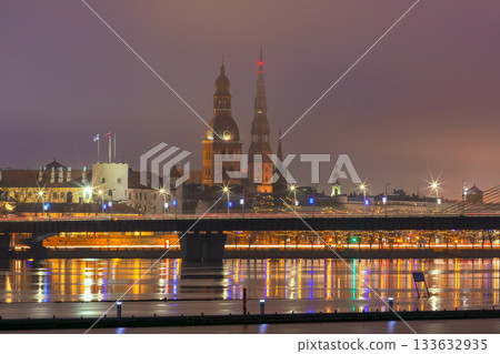 Riga Skyline and River at Night, Riga, Latvia 133632935