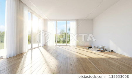 一間明亮空曠的客廳正在裝修，陽光傾瀉而入。 AI 產生的影像 3 133633008