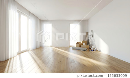 一間明亮空曠的客廳正在裝修，陽光傾瀉而入。 4. AI生成的影像 133633009