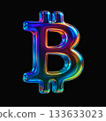 Neon Bitcoin Symbol logo rendered with a glassy, multicolor gradient against a black backdrop. This modern, futuristic image conveys digital currency, tech innovation, and high-energy financial market 133633023