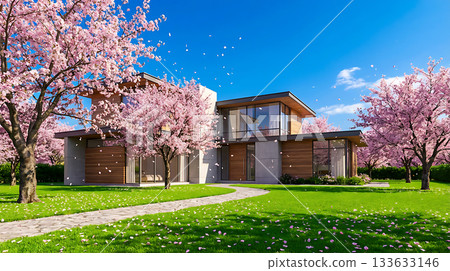 春日里，一棟現代住宅被盛開的櫻花環繞，外牆美不勝收。 （AI生成圖像） 133633146