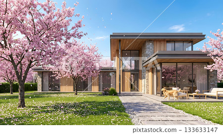 一棟現代住宅美麗的春日外觀，四周環繞著盛開的櫻花。 （AI生成圖像） 133633147