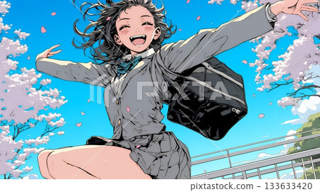 A high school girl in a uniform jumping with joy 133633420