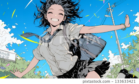 一個穿著校服的高中女生高興地跳了起來 一個穿著校服的高中女生高興地跳了起來 133633421