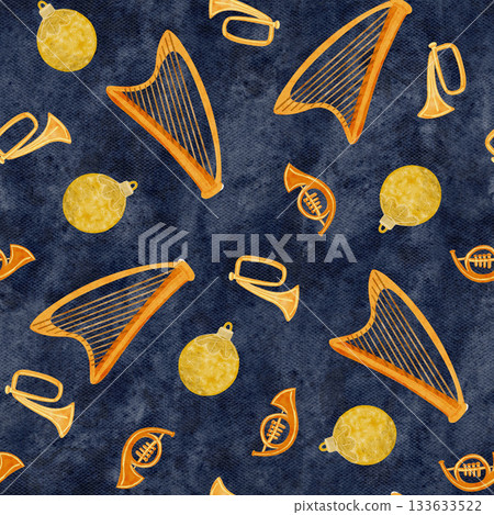 Brass and harp with Christmas ornament watercolor seamless pattern. Hand-painted musical clip art on textured blue, ideal for Christmas themes, nativity scene, festive decor, creative projects. Golden Brass and harp with Christmas ornament watercolor seamless pattern. Hand-painted musical clip art on textured blue, ideal for Christmas themes, nativity scene, festive decor, creative projects. Golden 133633522