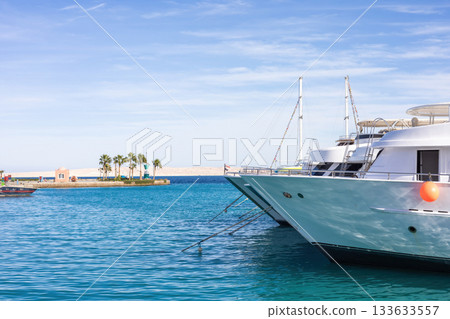 Luxurious yachts moored in a tranquil marina with clear blue waters 133633557
