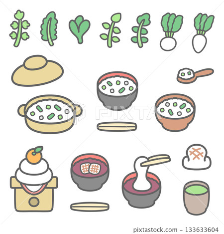 Cute illustration set of seven herbs and Kagami-biraki 133633604
