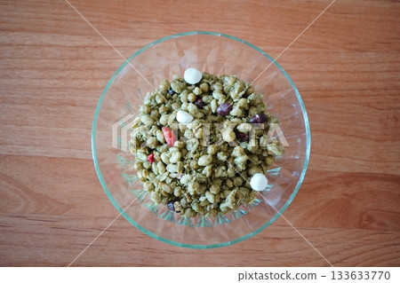 A simple food photo of matcha granola taken from directly above A simple food photo of matcha granola taken from directly above 133633770