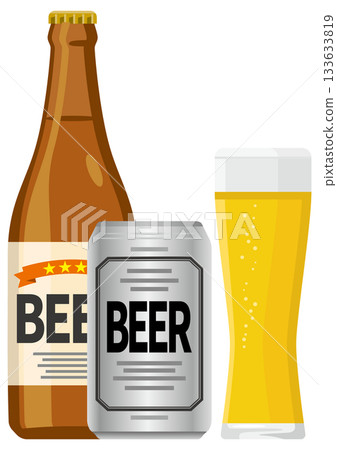啤酒倒入玻璃杯、瓶裝啤酒和罐裝啤酒的插圖 133633819