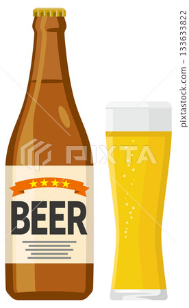 Illustration of beer poured into a glass and bottled beer 133633822