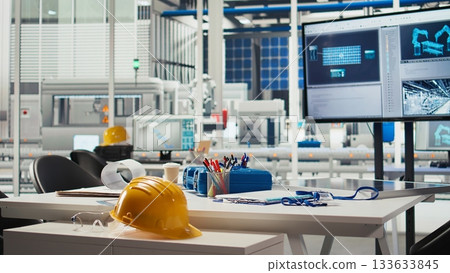 Research and development photovoltaics factory office used to oversee performance of robot arms placing solar panels on assembly lines. Panning shot of empty facility floor with solar plant machinery Research and development photovoltaics factory office used to oversee performance of robot arms placing solar panels on assembly lines. Panning shot of empty facility floor with solar plant machinery 133633845
