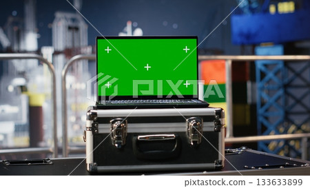 Chroma key on laptop with calibration software used on offshore rig and managing drilling systems, performing inspections and ensuring reliable petroleum extraction through advanced automation. 133633899