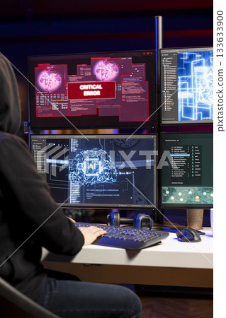 Hacker getting critical error warning while doing computer sabotage using AI ransomware. Rogue programmer seeing failure alert popup while trying to penetrate firewalls with deep learning tech Hacker getting critical error warning while doing computer sabotage using AI ransomware. Rogue programmer seeing failure alert popup while trying to penetrate firewalls with deep learning tech 133633900