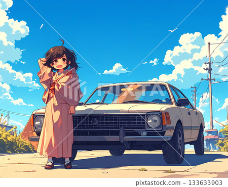 A woman posing in front of a car A woman posing in front of a car 133633903